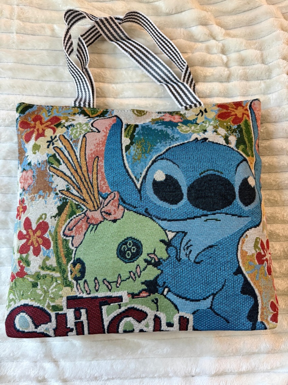 Stitch Tapestry Tote Bag with Floral Accents